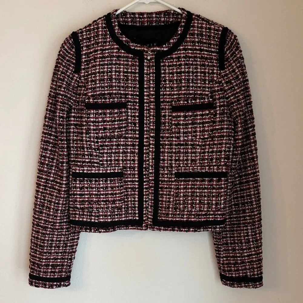 Mango Tweed cropped boxy Black red white full zip Blazer suit jacket women 8 EUC